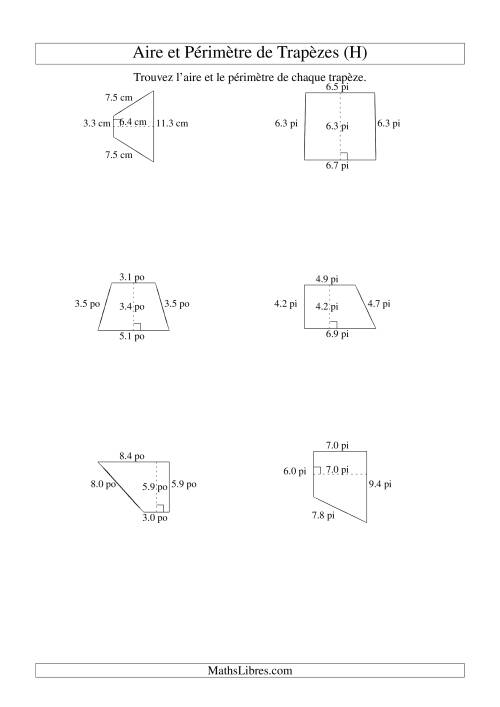Aire et périmètre de trapèzes (jusqu'à 1 décimale; variation 5-20) (H)
