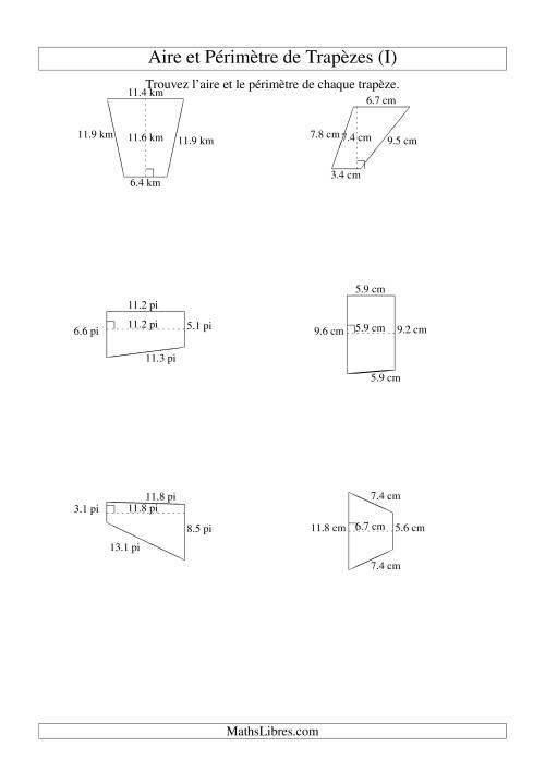 Aire et périmètre de trapèzes (jusqu'à 1 décimale; variation 5-20) (I)
