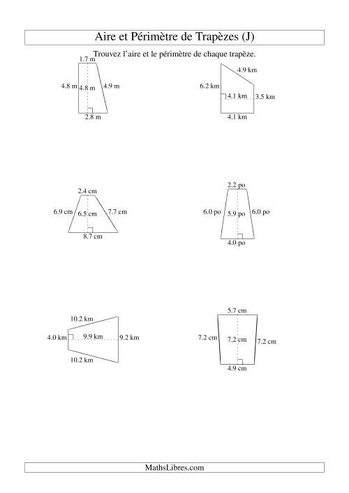 Aire et périmètre de trapèzes (jusqu'à 1 décimale; variation 5-20) (J)