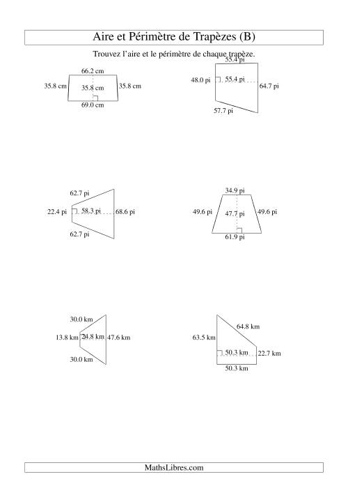 Aire et périmètre de trapèzes (jusqu'à 1 décimale; variation 10-99) (B)