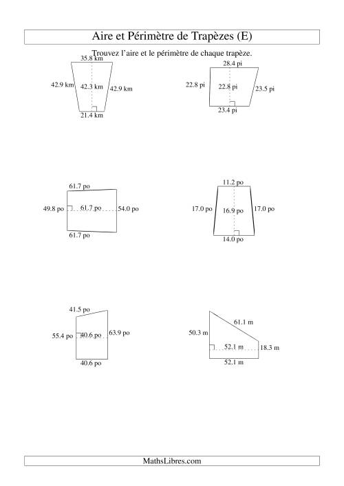 Aire et périmètre de trapèzes (jusqu'à 1 décimale; variation 10-99) (E)