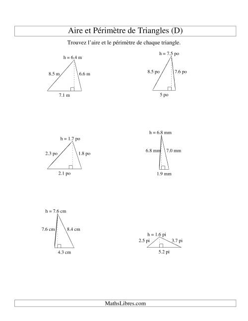 Aire et périmètre de triangles (jusqu'à 1 décimale; variation 1-9) (D)