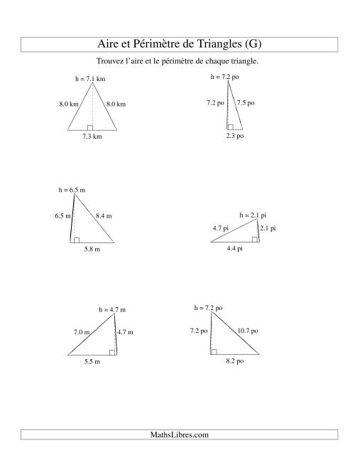 Aire et périmètre de triangles (jusqu'à 1 décimale; variation 1-9) (G)