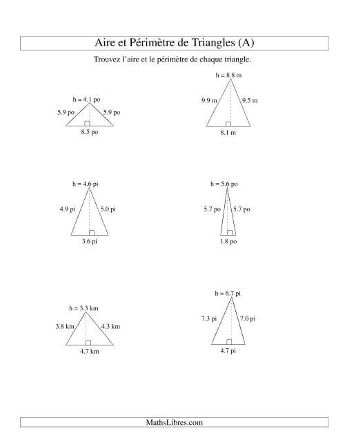 Aire et périmètre de triangles (jusqu'à 1 décimale; variation 1-9) (Tout)