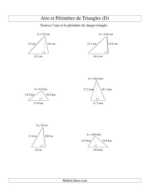 Aire et périmètre de triangles (jusqu'à 1 décimale; variation 5-20) (D)