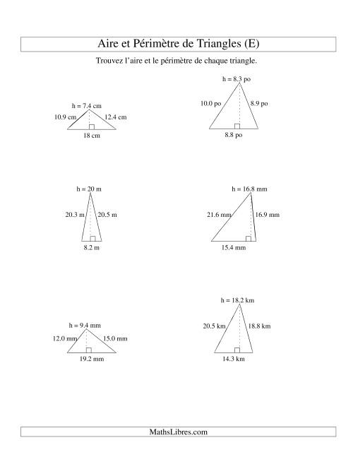 Aire et périmètre de triangles (jusqu'à 1 décimale; variation 5-20) (E)