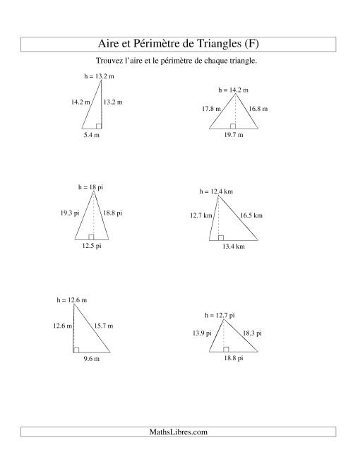 Aire et périmètre de triangles (jusqu'à 1 décimale; variation 5-20) (F)