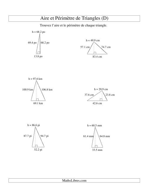 Aire et périmètre de triangles (jusqu'à 1 décimale; variation 10-99) (D)