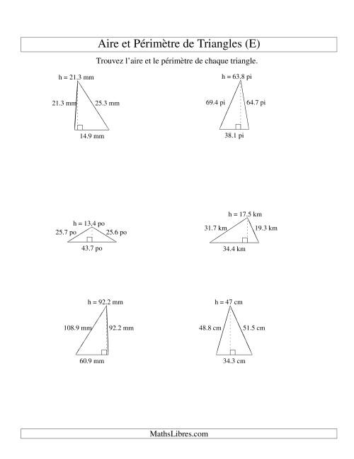 Aire et périmètre de triangles (jusqu'à 1 décimale; variation 10-99) (E)