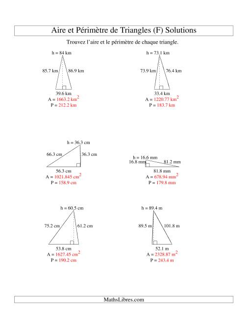 Aire et périmètre de triangles (jusqu'à 1 décimale; variation 10-99) (F) page 2