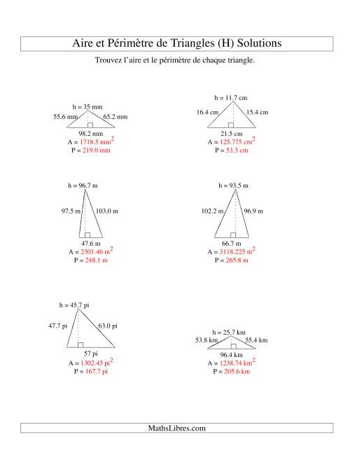 Aire et périmètre de triangles (jusqu'à 1 décimale; variation 10-99) (H) page 2
