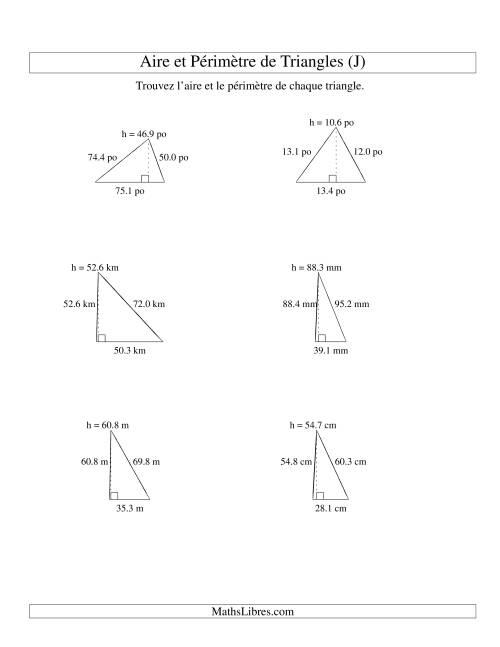 Aire et périmètre de triangles (jusqu'à 1 décimale; variation 10-99) (J)