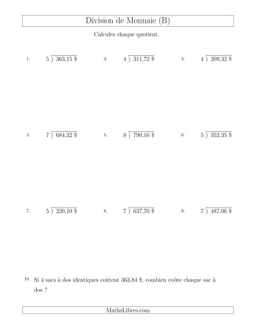 Division de Montants par Tranches de 1 Sous par un Diviseur à Un Chiffre ($) (B)