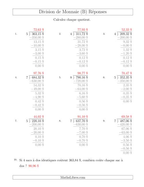 Division de Montants par Tranches de 1 Sous par un Diviseur à Un Chiffre ($) (B) page 2