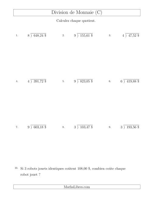 Division de Montants par Tranches de 1 Sous par un Diviseur à Un Chiffre ($) (C)