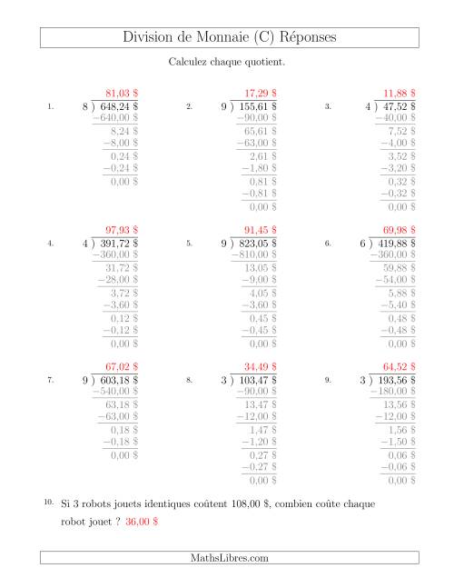 Division de Montants par Tranches de 1 Sous par un Diviseur à Un Chiffre ($) (C) page 2