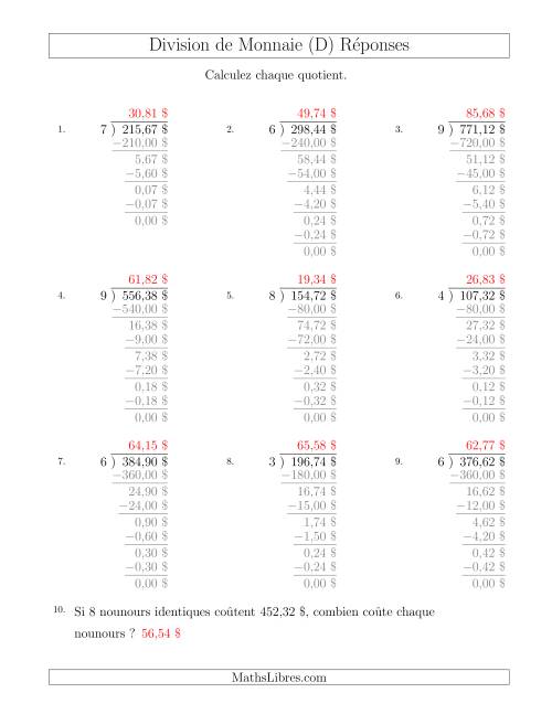 Division de Montants par Tranches de 1 Sous par un Diviseur à Un Chiffre ($) (D) page 2