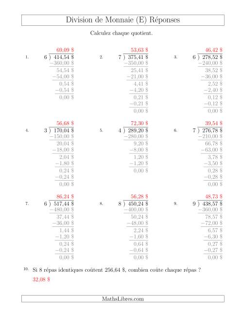Division de Montants par Tranches de 1 Sous par un Diviseur à Un Chiffre ($) (E) page 2