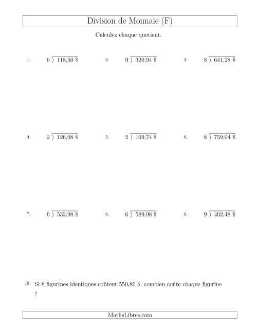 Division de Montants par Tranches de 1 Sous par un Diviseur à Un Chiffre ($) (F)