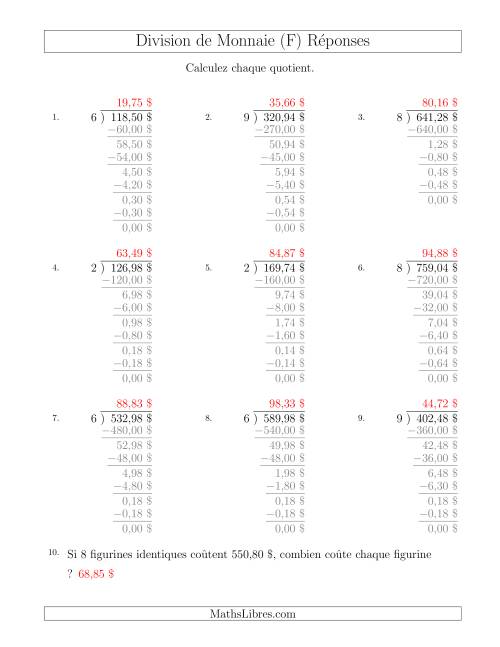 Division de Montants par Tranches de 1 Sous par un Diviseur à Un Chiffre ($) (F) page 2