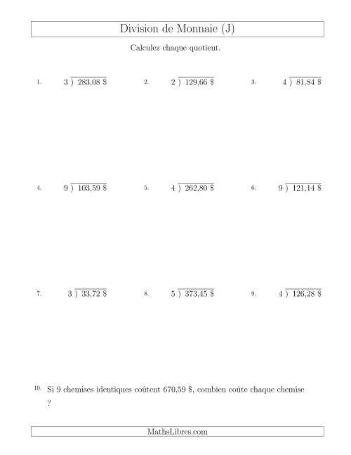 Division de Montants par Tranches de 1 Sous par un Diviseur à Un Chiffre ($) (J)