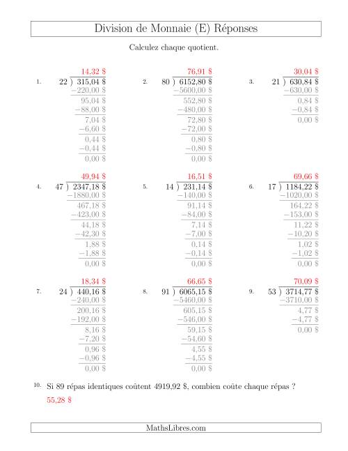 Division de Montants par Tranches de 1 Sous par un Diviseur à Deux Chiffres ($) (E) page 2