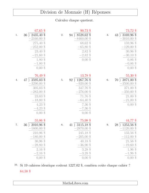 Division de Montants par Tranches de 1 Sous par un Diviseur à Deux Chiffres ($) (H) page 2