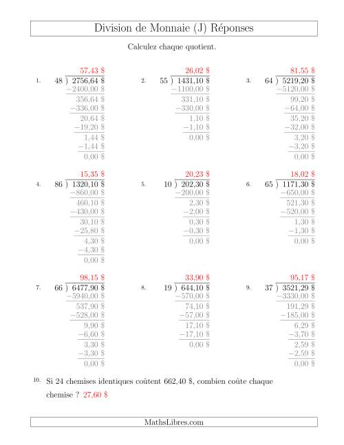 Division de Montants par Tranches de 1 Sous par un Diviseur à Deux Chiffres ($) (J) page 2