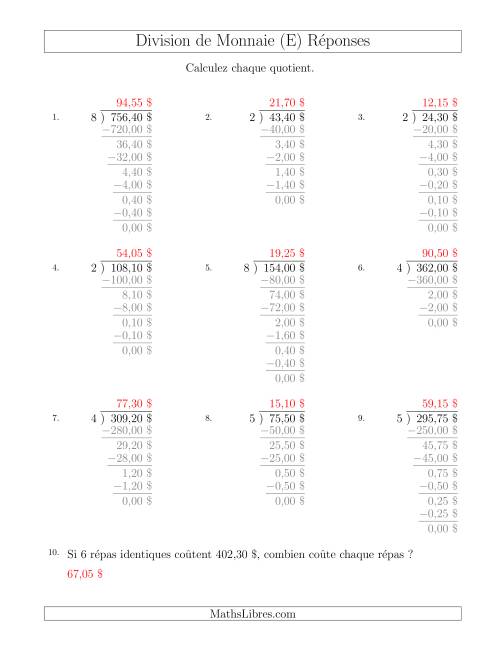 Division de Montants par Tranches de 5 Sous par un Diviseur à Un Chiffre ($) (E) page 2