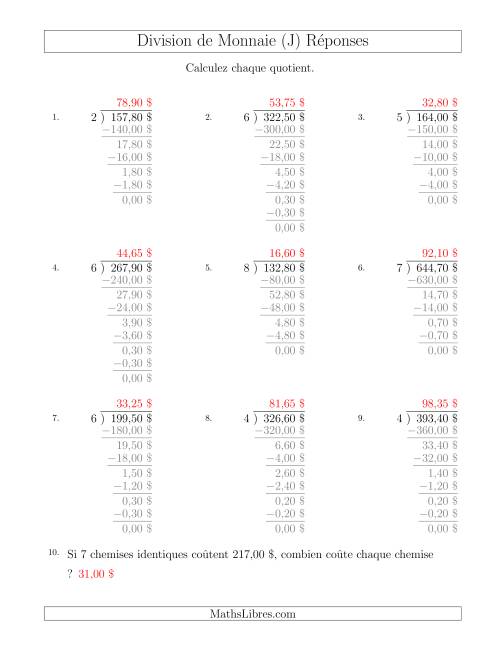 Division de Montants par Tranches de 5 Sous par un Diviseur à Un Chiffre ($) (J) page 2