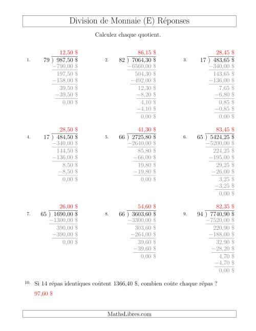 Division de Montants par Tranches de 5 Sous par un Diviseur à Deux Chiffres ($) (E) page 2