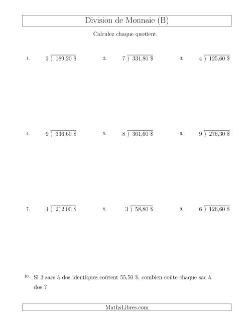Division de Montants par Tranches de 10 Sous par un Diviseur à Un Chiffre ($) (B)