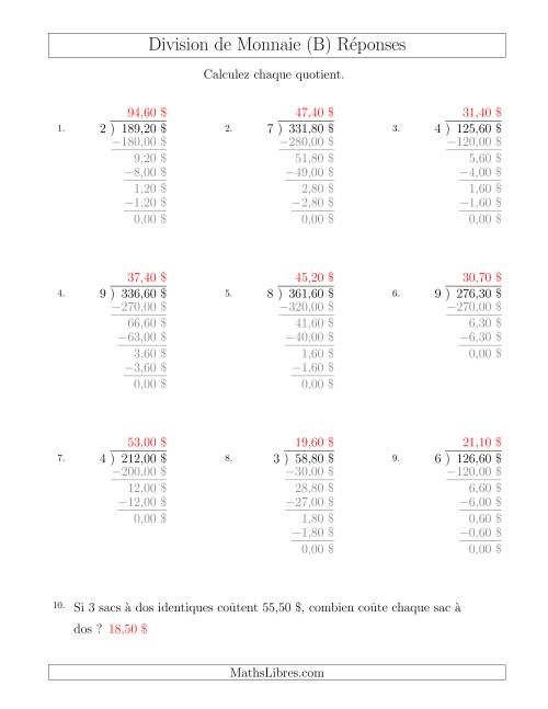 Division de Montants par Tranches de 10 Sous par un Diviseur à Un Chiffre ($) (B) page 2