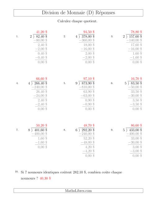 Division de Montants par Tranches de 10 Sous par un Diviseur à Un Chiffre ($) (D) page 2