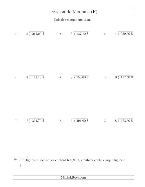 Division de Montants par Tranches de 10 Sous par un Diviseur à Un Chiffre ($) (F)