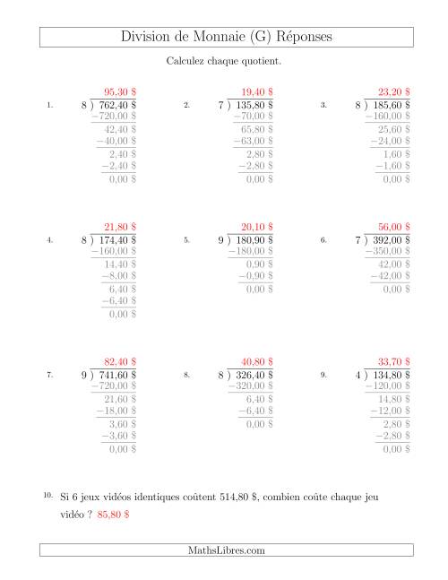 Division de Montants par Tranches de 10 Sous par un Diviseur à Un Chiffre ($) (G) page 2