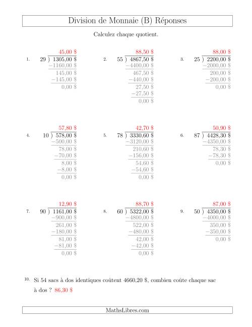 Division de Montants par Tranches de 10 Sous par un Diviseur à Deux Chiffres ($) (B) page 2