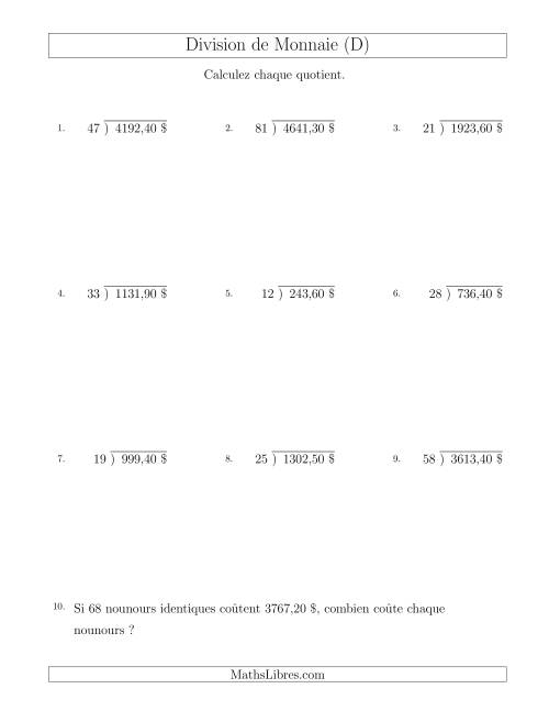 Division de Montants par Tranches de 10 Sous par un Diviseur à Deux Chiffres ($) (D)