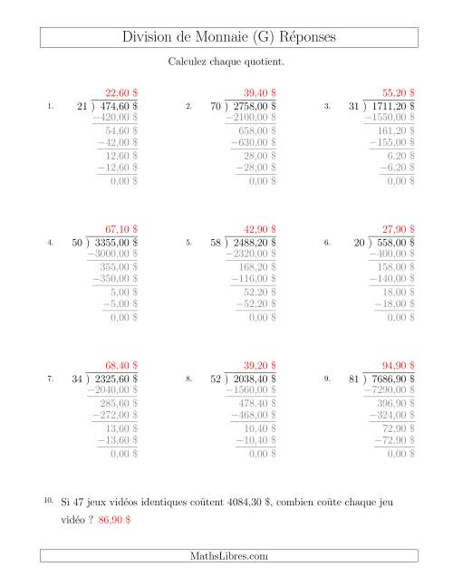 Division de Montants par Tranches de 10 Sous par un Diviseur à Deux Chiffres ($) (G) page 2