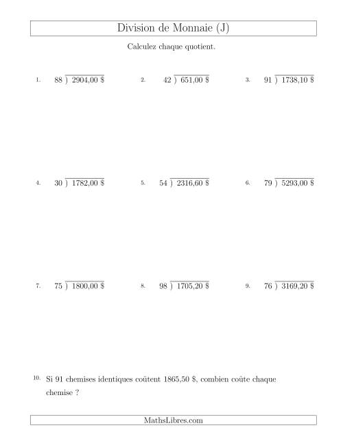 Division de Montants par Tranches de 10 Sous par un Diviseur à Deux Chiffres ($) (J)
