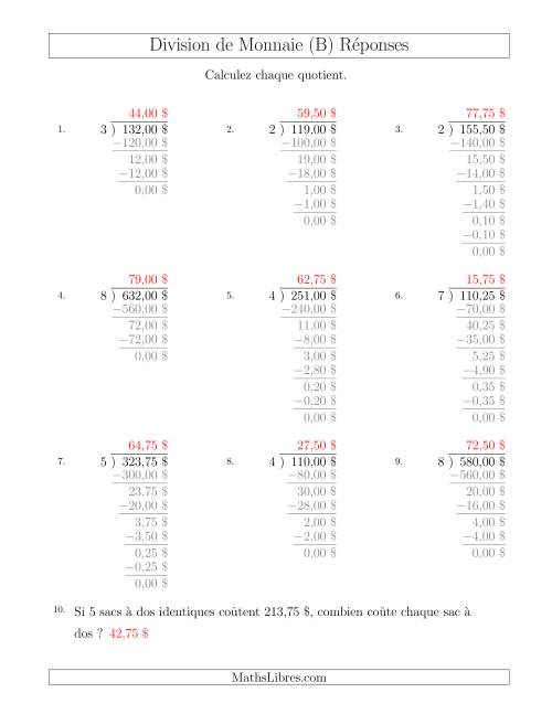 Division de Montants par Tranches de 25 Sous par un Diviseur à Un Chiffre ($) (B) page 2