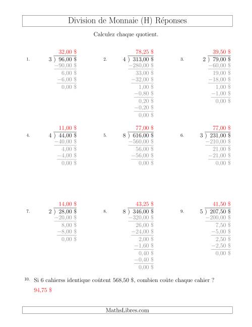 Division de Montants par Tranches de 25 Sous par un Diviseur à Un Chiffre ($) (H) page 2