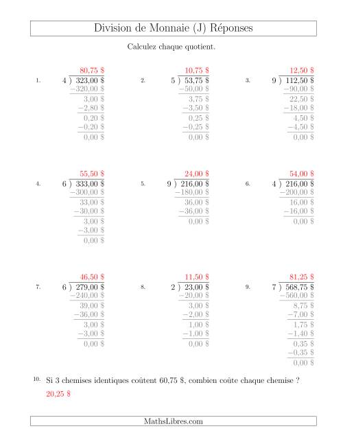 Division de Montants par Tranches de 25 Sous par un Diviseur à Un Chiffre ($) (J) page 2