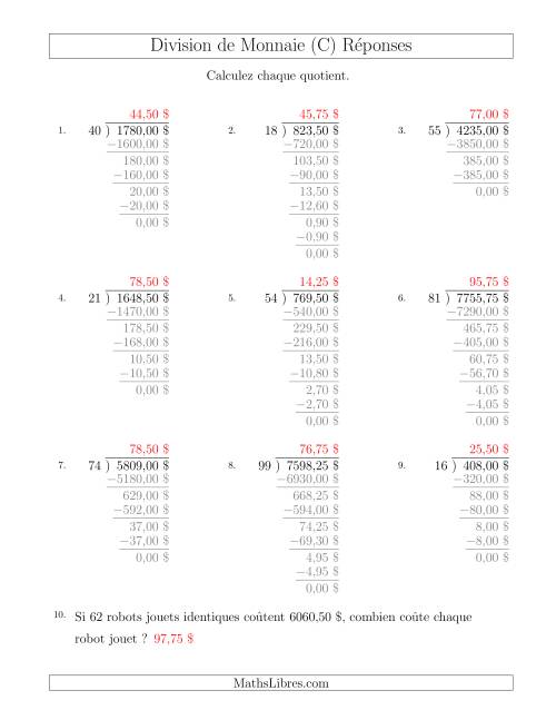 Division de Montants par Tranches de 25 Sous par un Diviseur à Deux Chiffres ($) (C) page 2