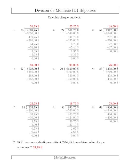 Division de Montants par Tranches de 25 Sous par un Diviseur à Deux Chiffres ($) (D) page 2