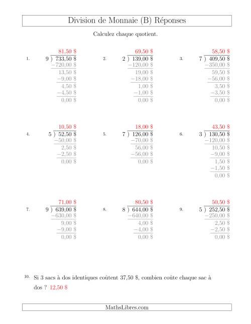 Division de Montants par Tranches de 50 Sous par un Diviseur à Un Chiffre ($) (B) page 2