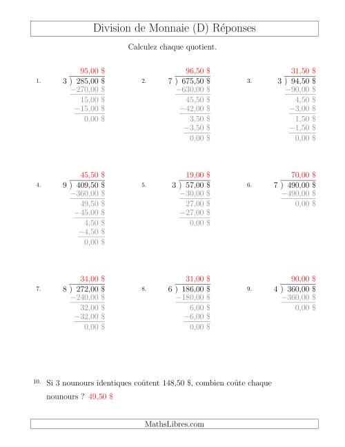 Division de Montants par Tranches de 50 Sous par un Diviseur à Un Chiffre ($) (D) page 2