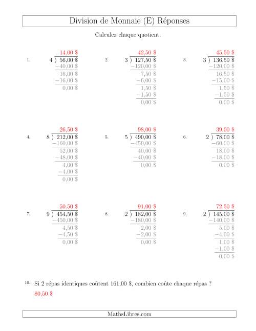 Division de Montants par Tranches de 50 Sous par un Diviseur à Un Chiffre ($) (E) page 2