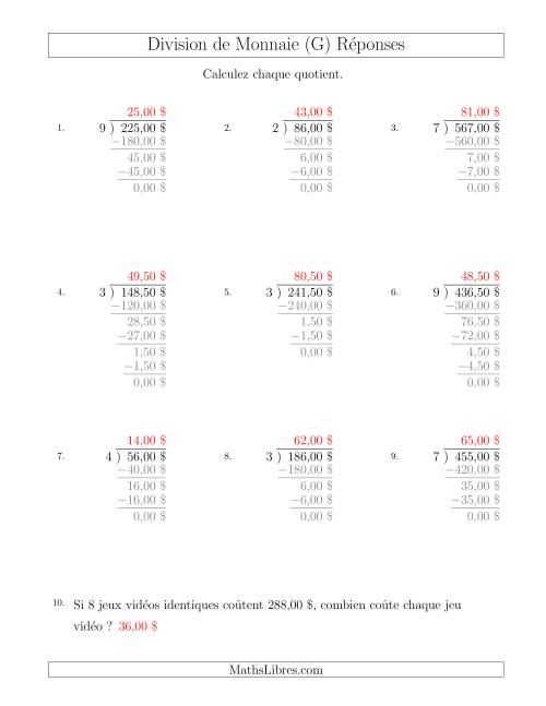 Division de Montants par Tranches de 50 Sous par un Diviseur à Un Chiffre ($) (G) page 2