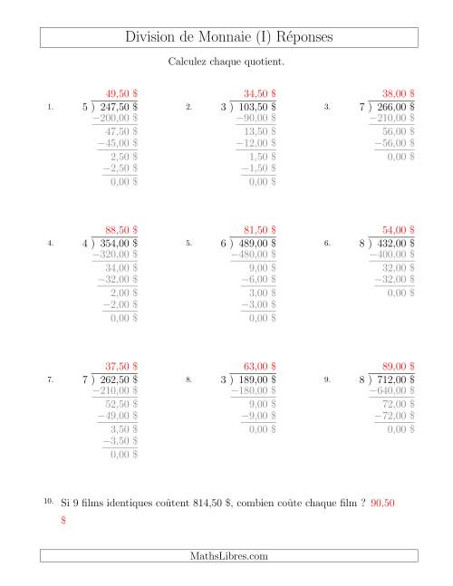 Division de Montants par Tranches de 50 Sous par un Diviseur à Un Chiffre ($) (I) page 2